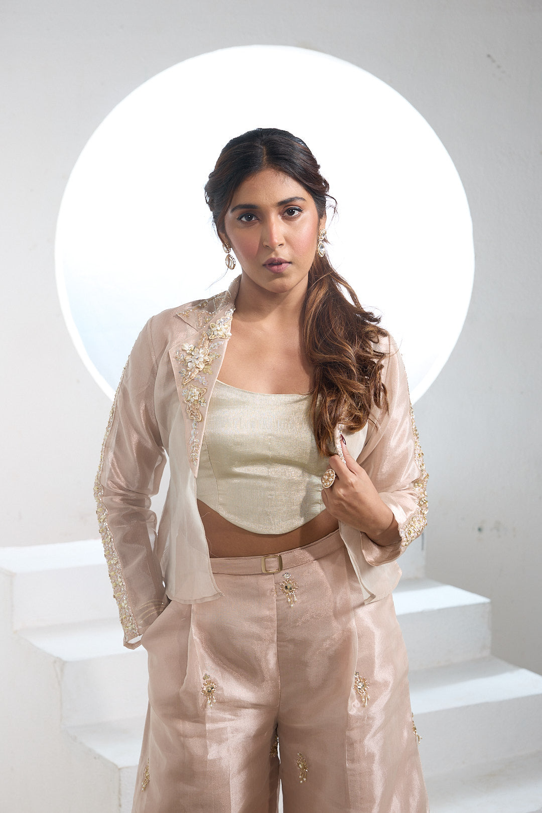 Blush Gold Embellished Palazzo Set
