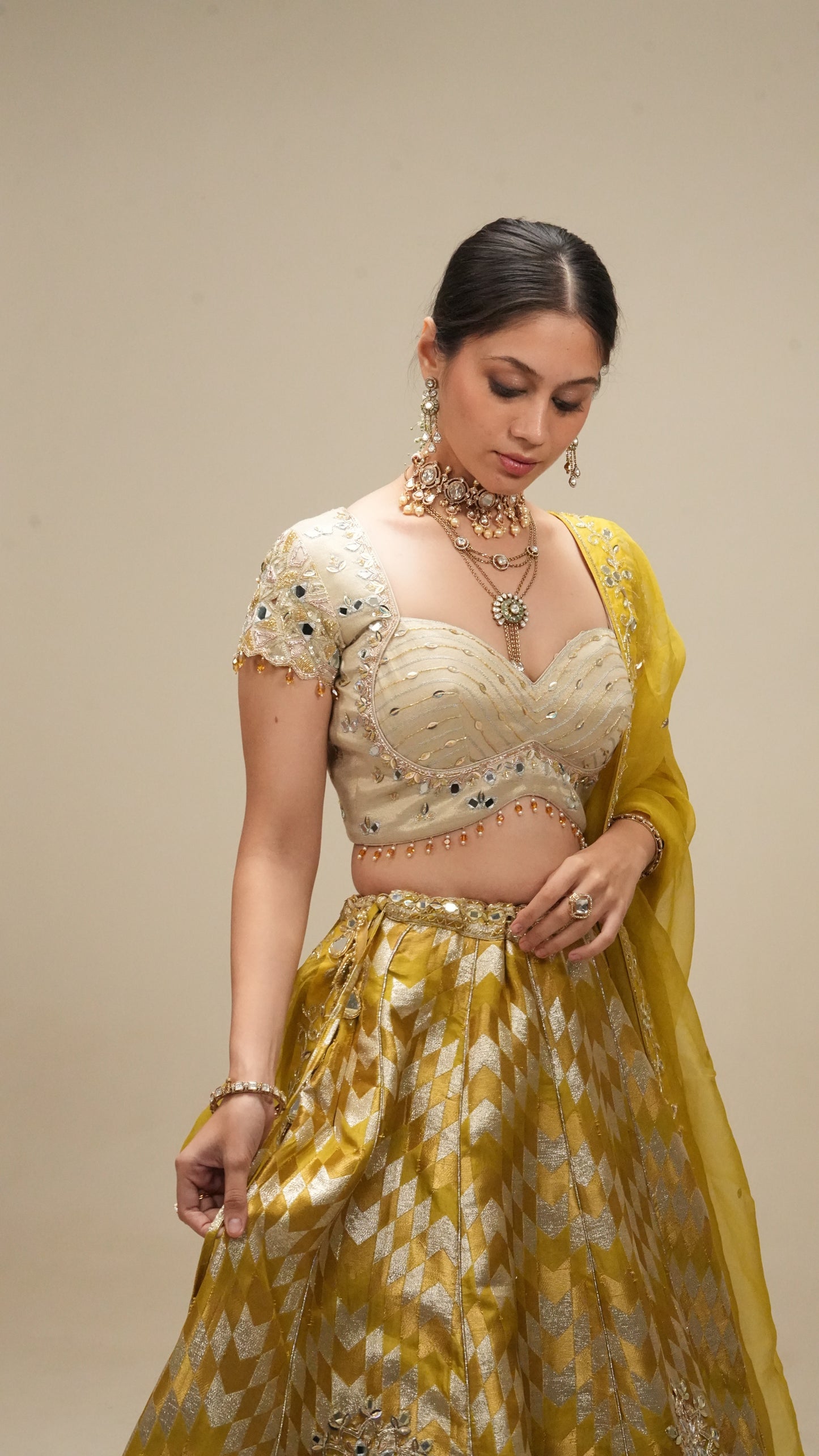 Chartreuse-Mustard Brocade Lehenga