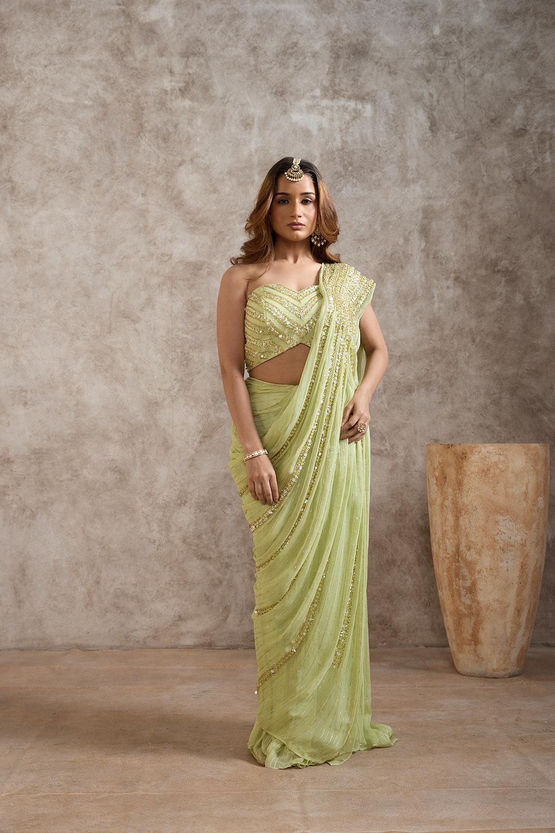 Pistachio Green Sequin-Embellished Draped Saree