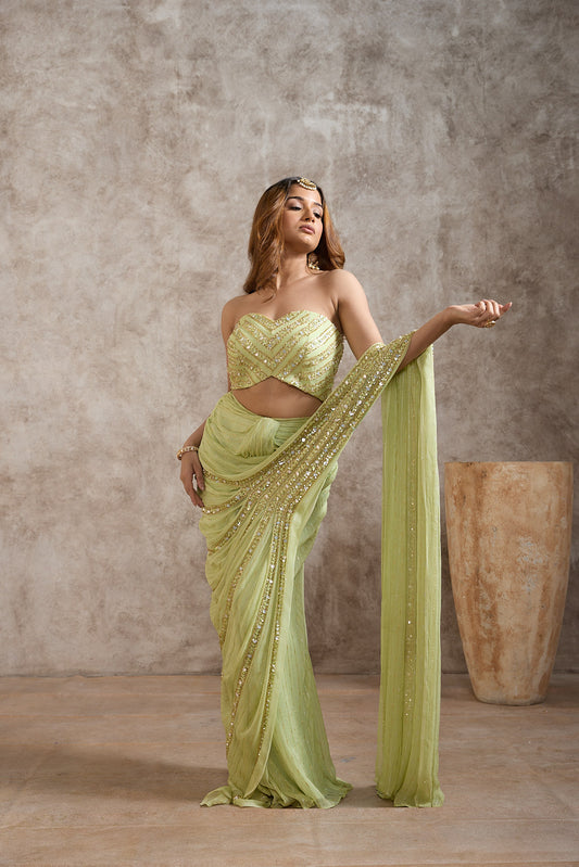 Pistachio Green Sequin-Embellished Draped Saree