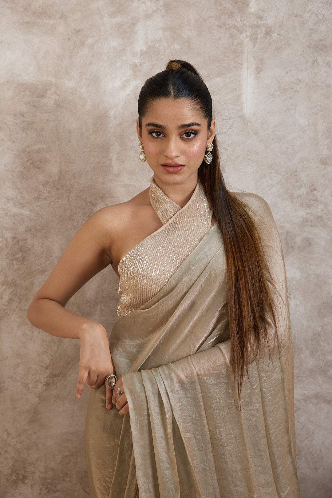 Soft Gold Draped Saree with Sequin Halter Top