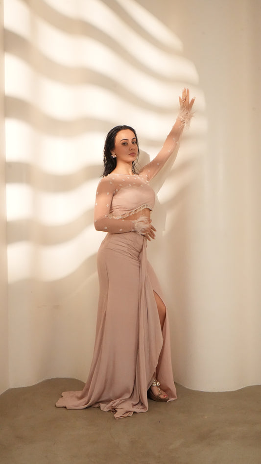 Nude Feather trim co-ord set