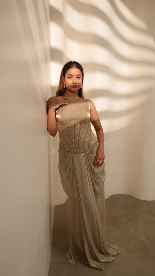 Gold Embellished Corset & Draped Skirt Set