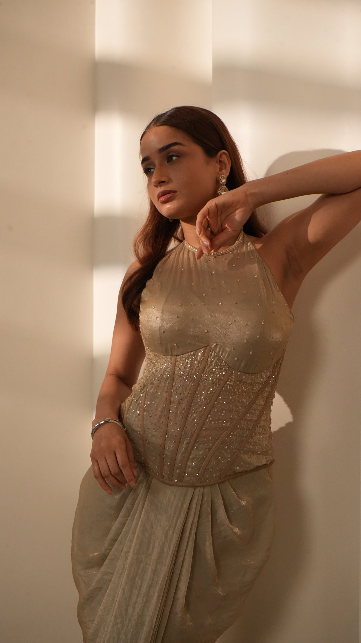 Gold Embellished Corset & Draped Skirt Set