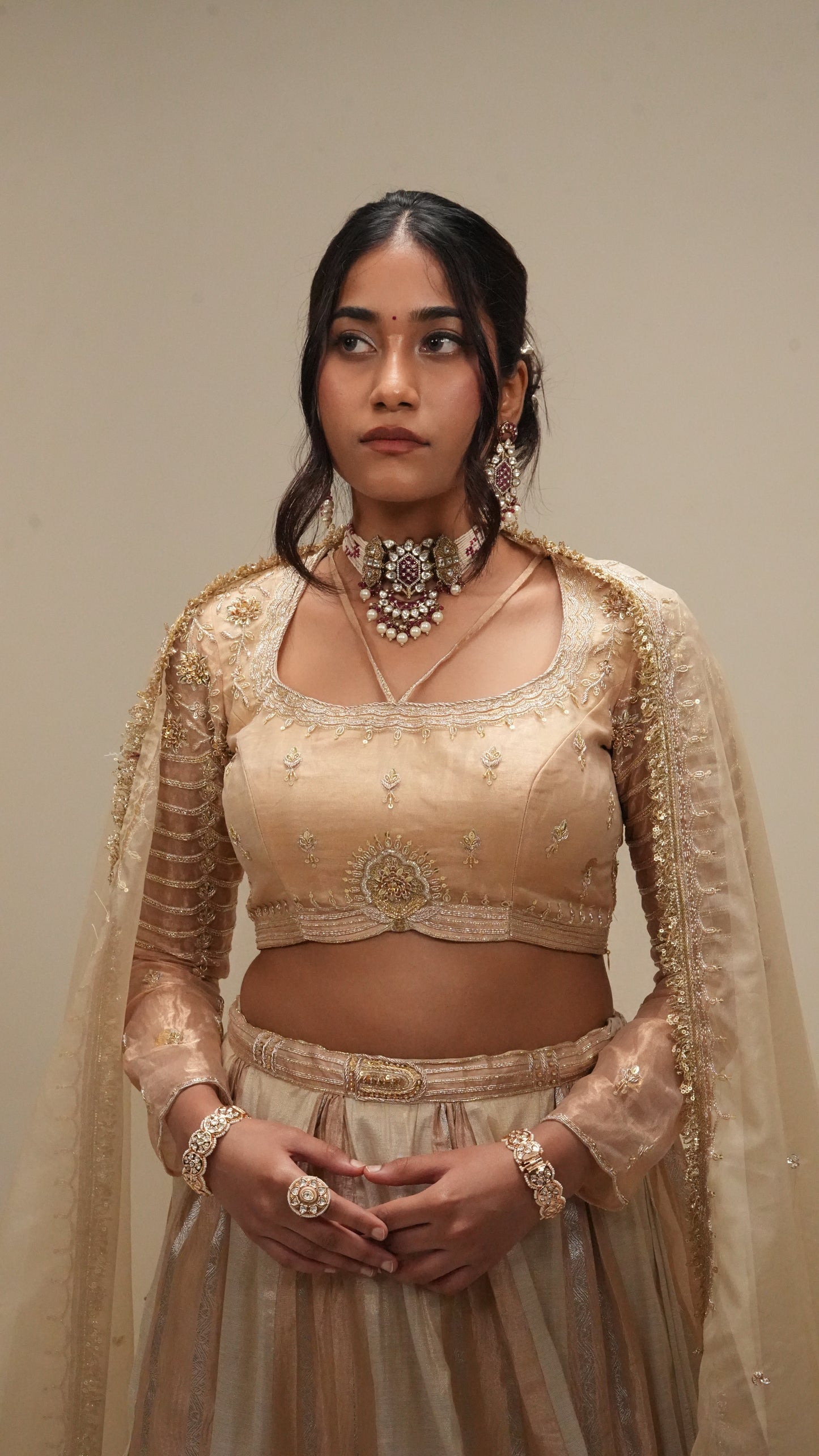 Champagne Gold Paneled Lehenga Set