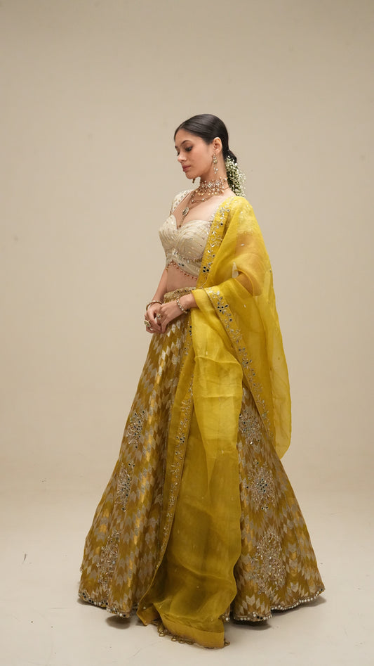 Chartreuse-Mustard Brocade Lehenga