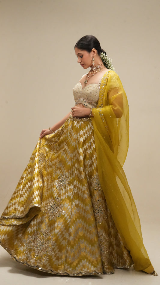 Chartreuse-Mustard Brocade Lehenga