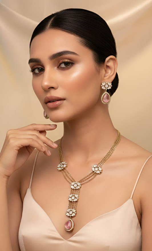Blush Royale Polki Pink Stone Necklace & Earring Set