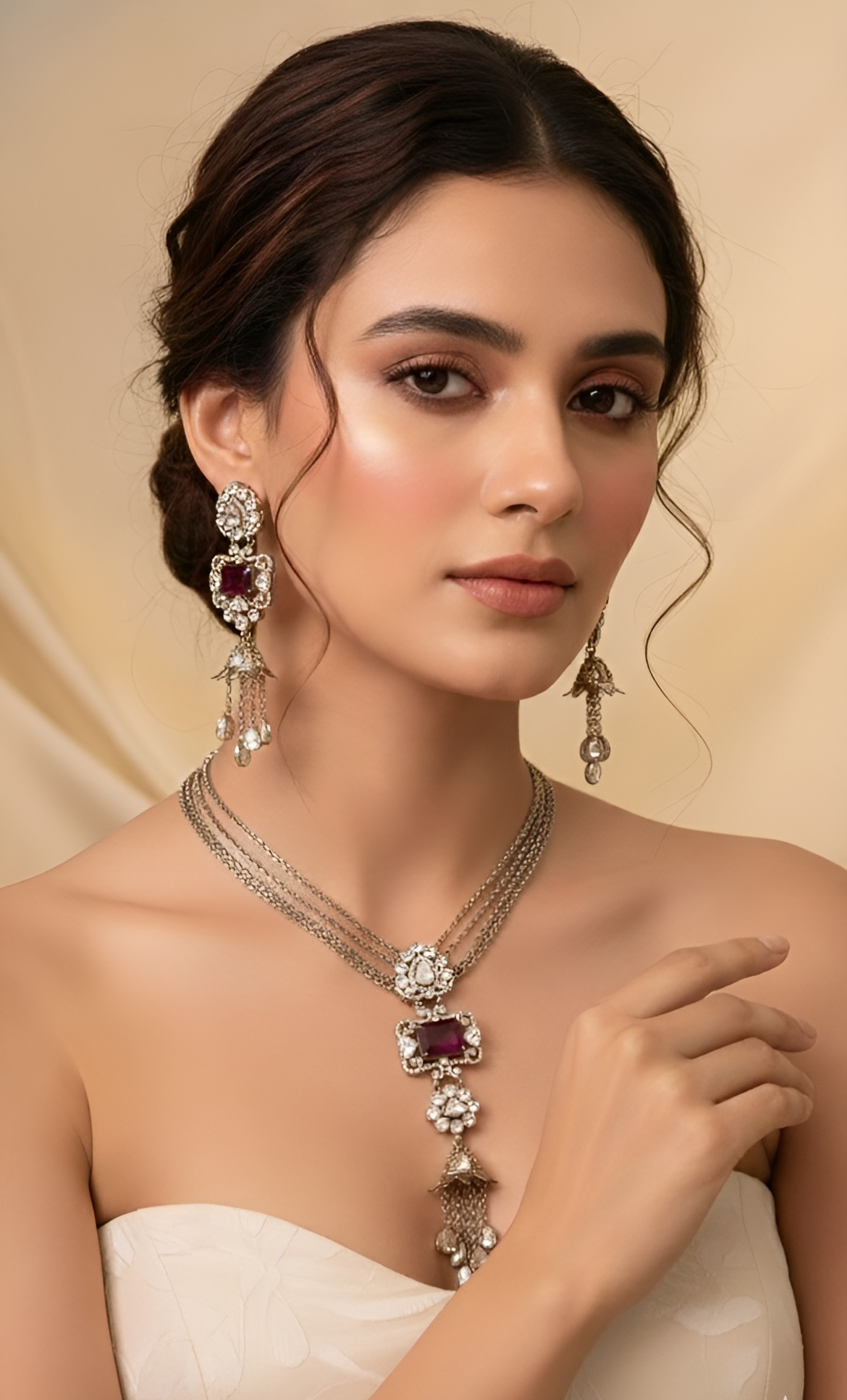 Vintage Maroon Polki Jhumki Necklace & Earring Set