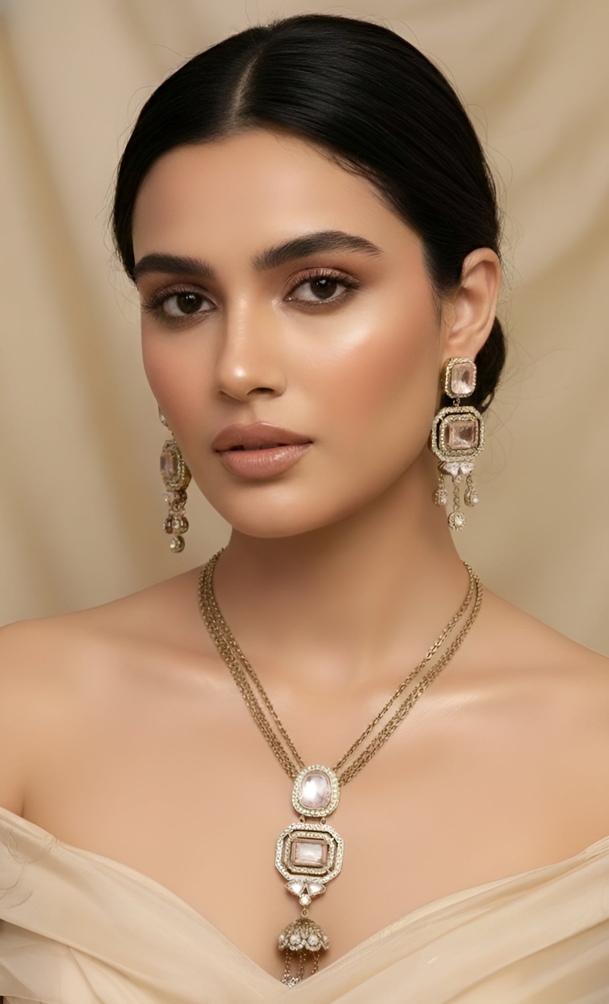 Rose Mirror Polki Jhumki Necklace & Earring Set