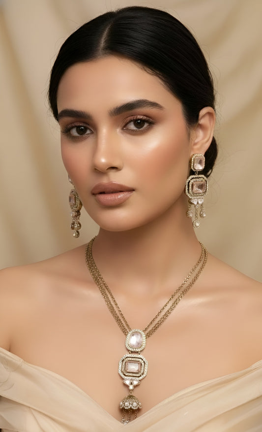 Rose Mirror Polki Jhumki Necklace & Earring Set