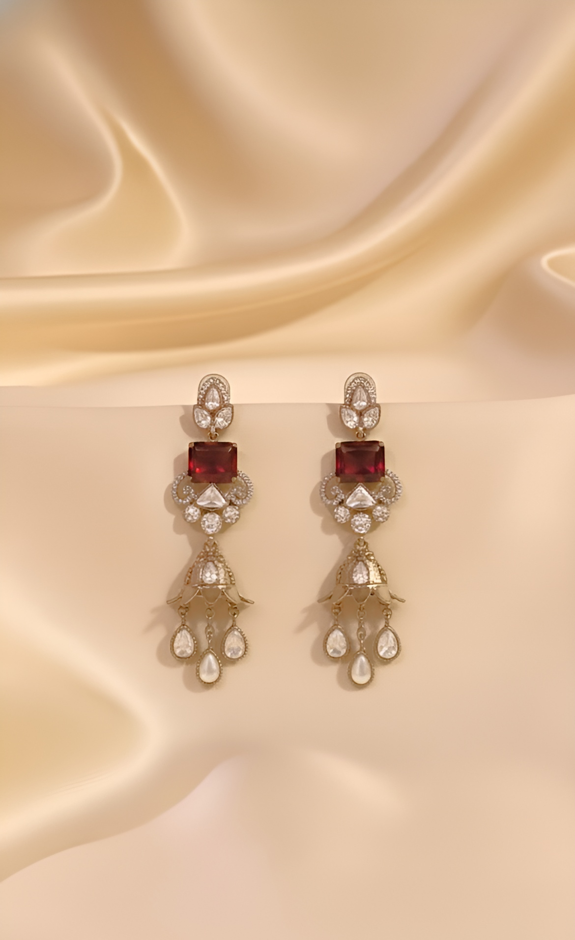 Vintage Maroon Polki Jhumki Necklace & Earring Set