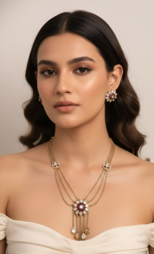 Royal Ruby Bloom Polki Necklace & Earring Set