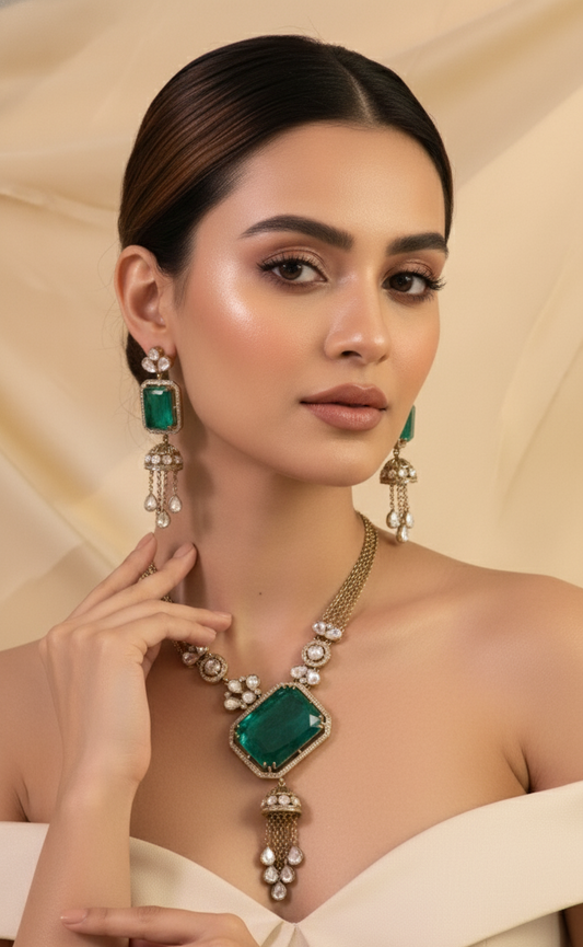 Emerald Royale Polki Necklace & Earring Set